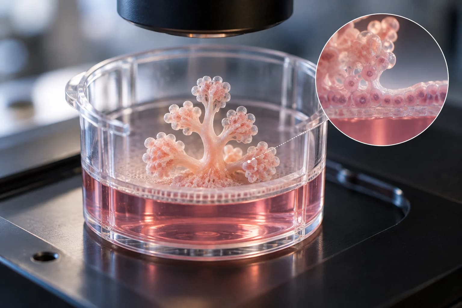 AI-generated conceptual culture insert with branching lung tissue, cell clusters and an air–liquid interface detail.