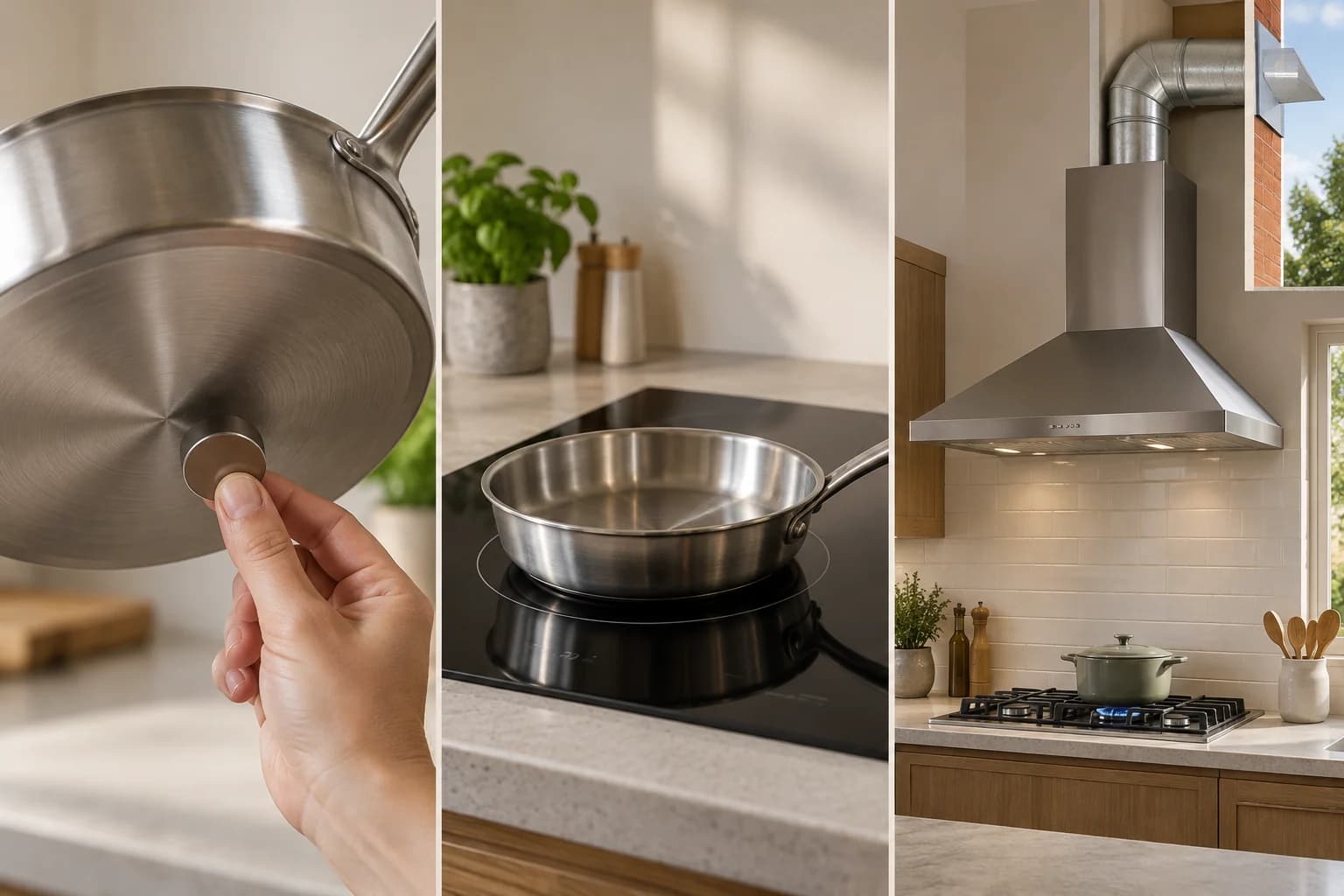 Imán en la base de una olla, base plana en inducción y campana con salida al exterior