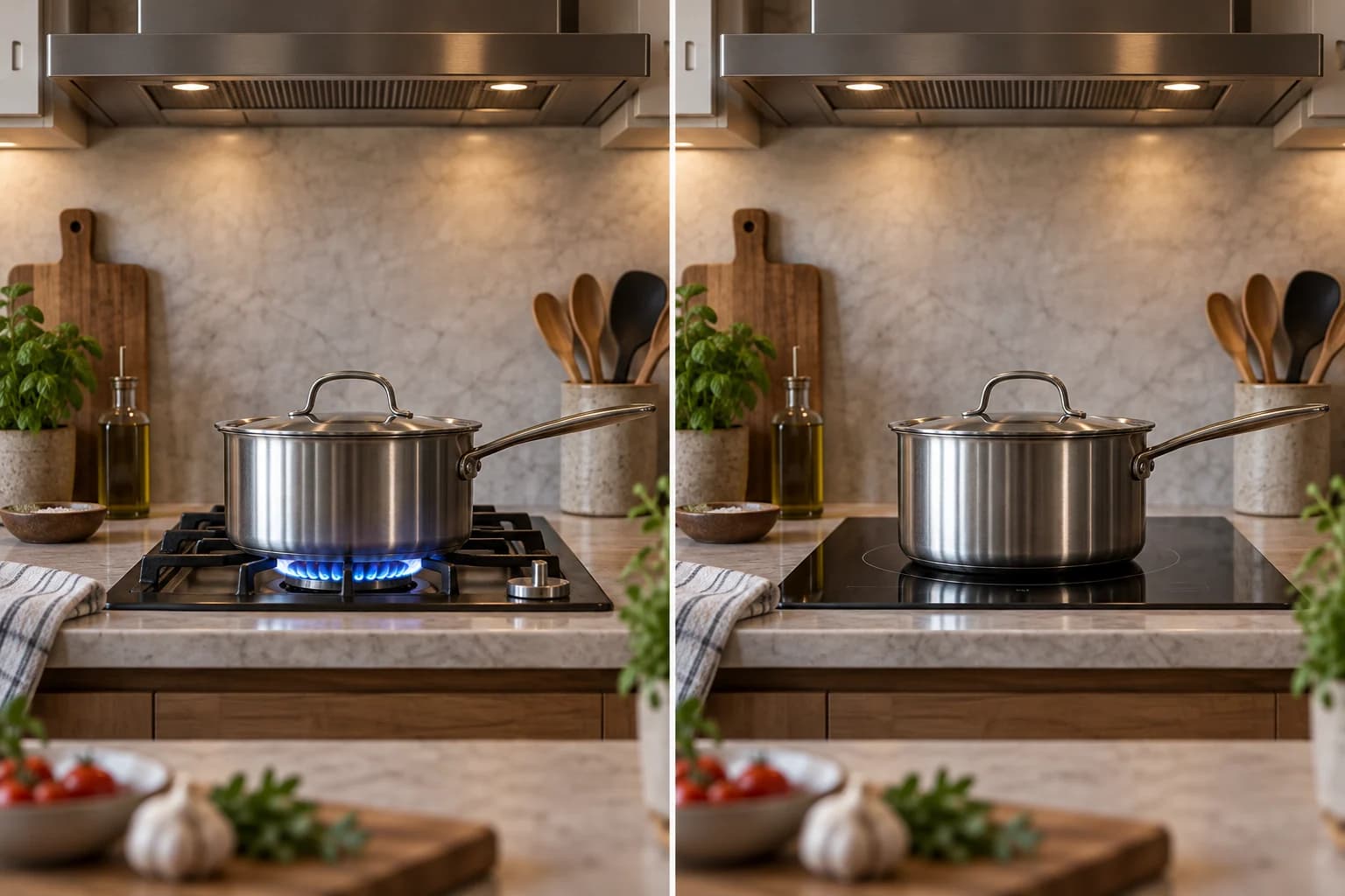 Ilustración conceptual de IA de la misma cocina en paneles de gas e inducción adyacentes, con ollas comparables y un extractor visibles en ambos.