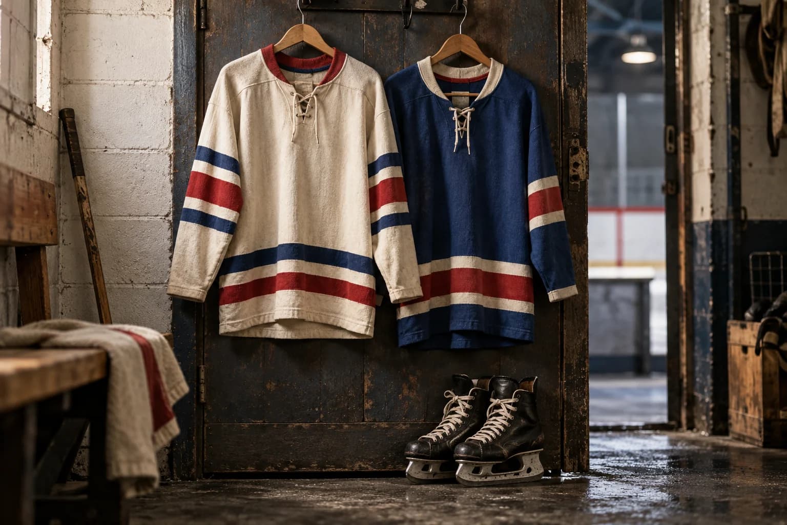 Two generic vintage hockey jerseys hanging in a doorway with ice skates beneath