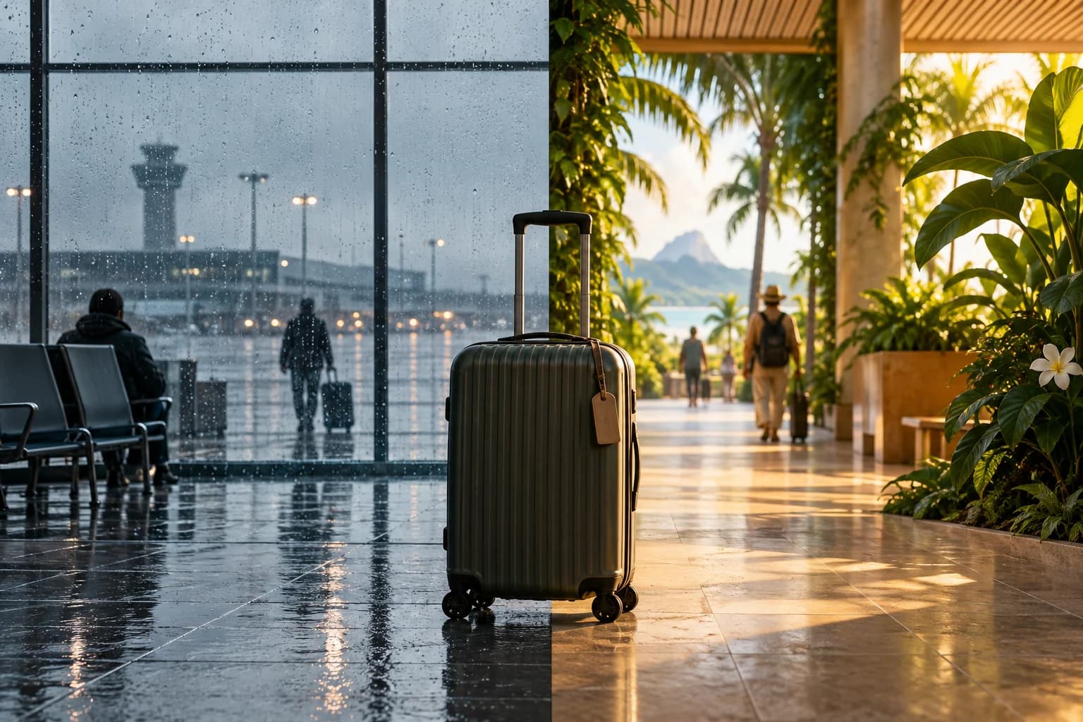 Una maleta entre cristal aeroportuario lluvioso y vegetación de terminal tropical