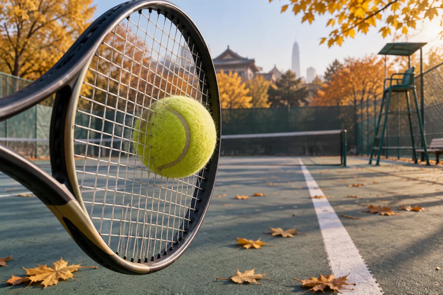 AI-generated conceptual tennis scene with a ball on racket strings, a court sideline and an empty officials chair.
