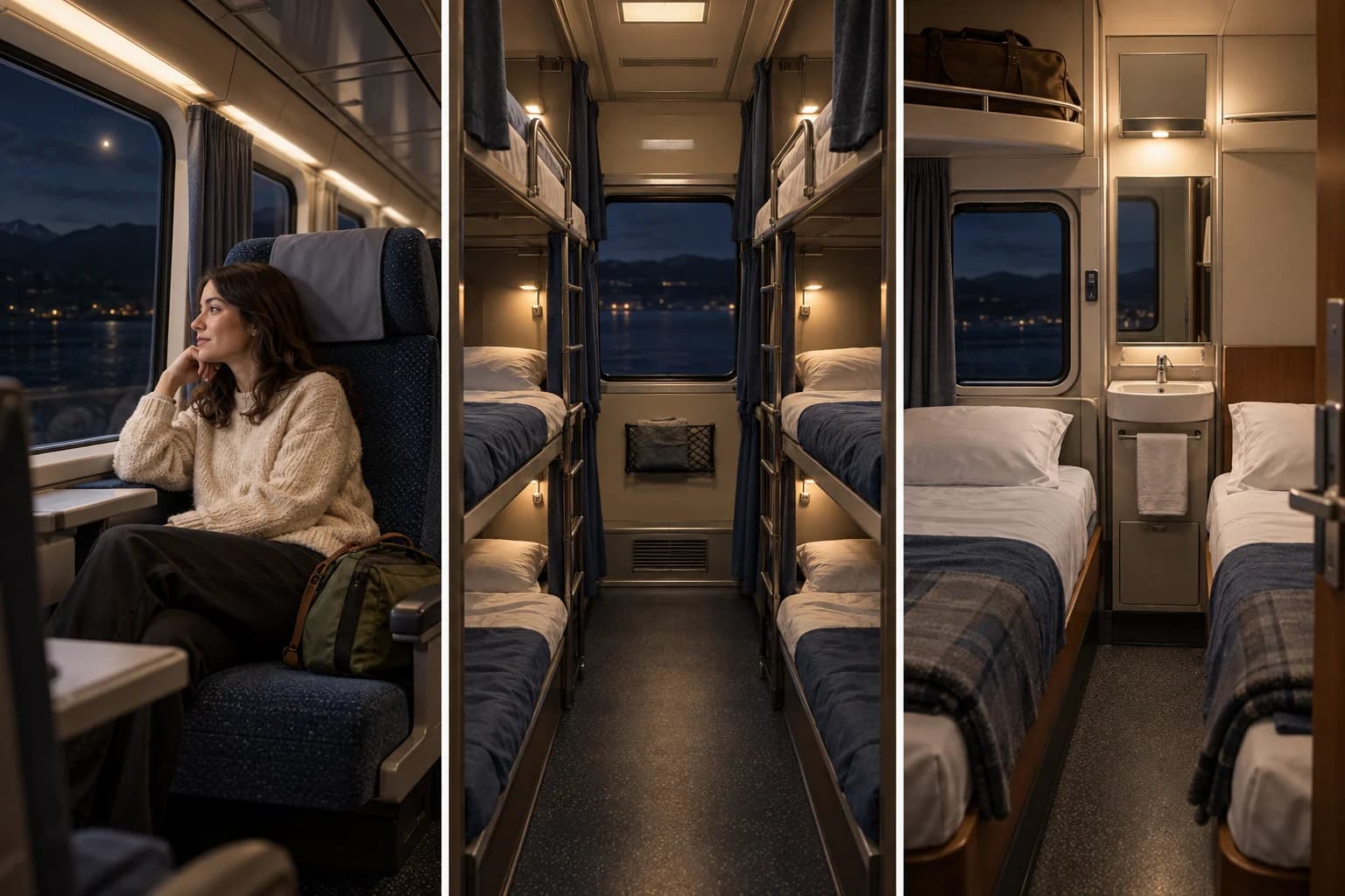 Asiento común, compartimento de literas compartido y cabina de dos camas