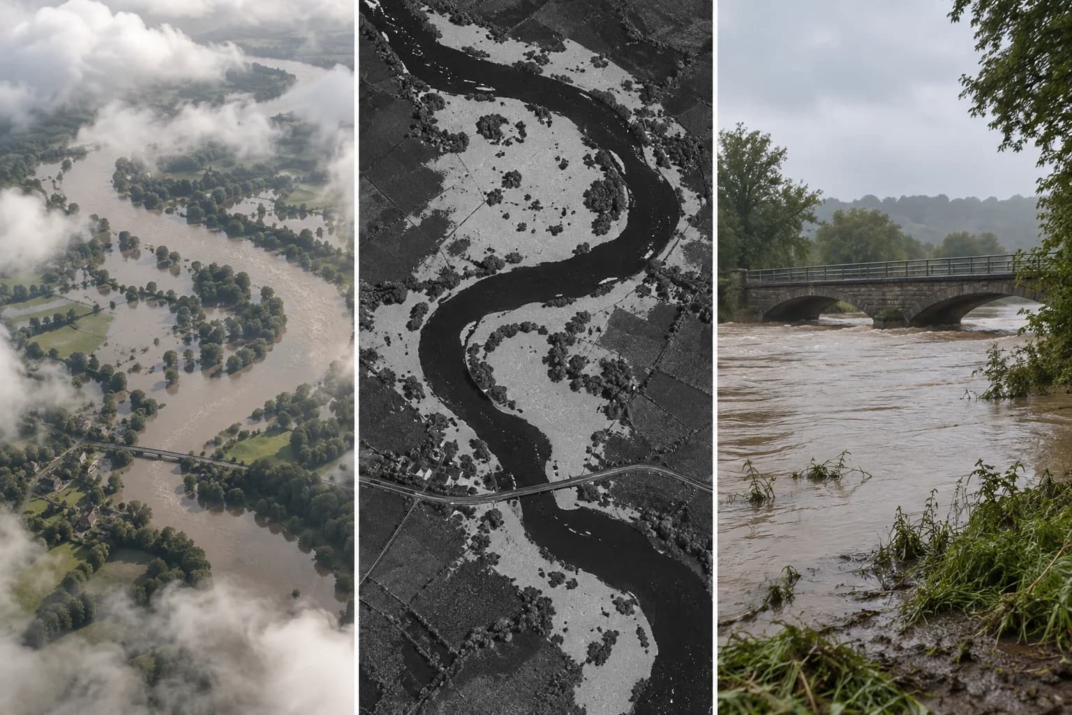One fictional floodplain: cloudy optical view, radar interpretation and ground view