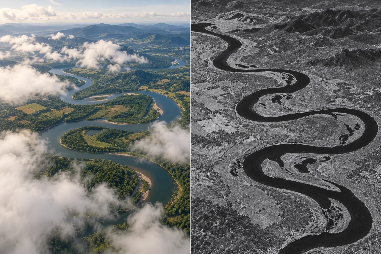 AI-generated scientific diptych of an unnamed meandering river, with cloud-obscured optical-style and monochrome radar-style panels.