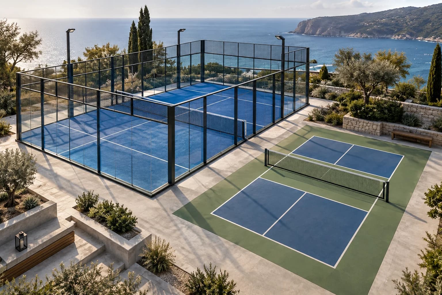 Ilustración conceptual creada con IA de dos pistas en miniatura: pádel cerrado y pickleball abierto con zonas de no volea junto a la red.