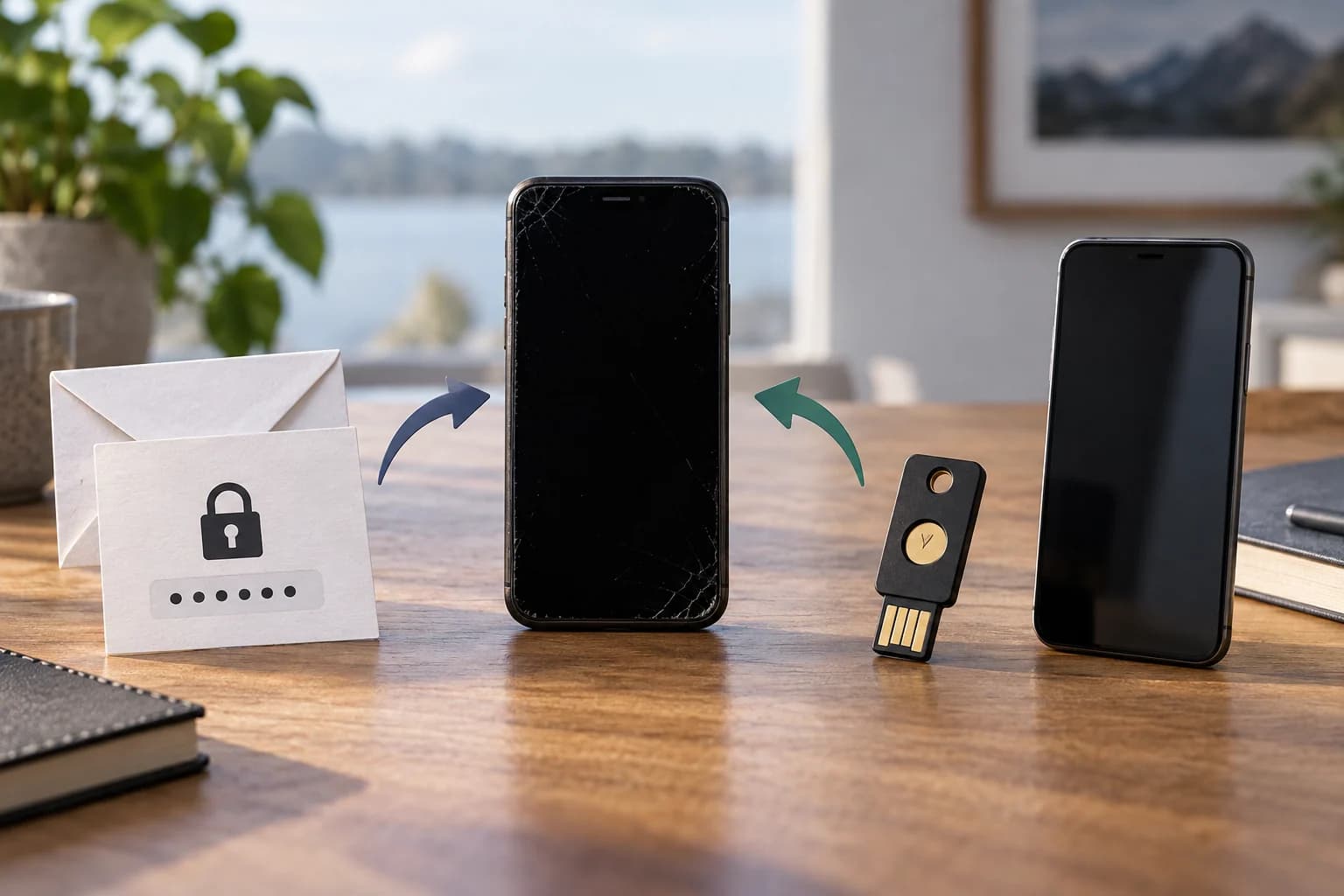AI-generated conceptual arrangement of a lost-phone silhouette, another unbranded phone, an envelope and a hardware security key.
