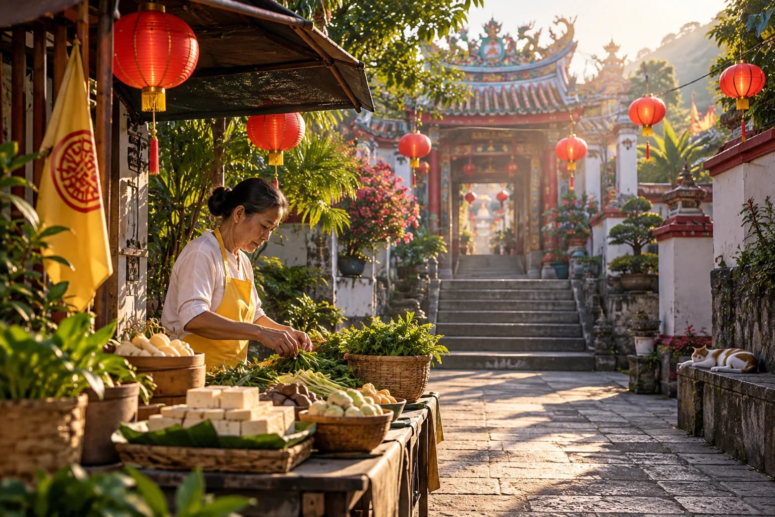 AI conceptual illustration of a quiet shrine approach with red lanterns and a vendor arranging tofu and vegetables.