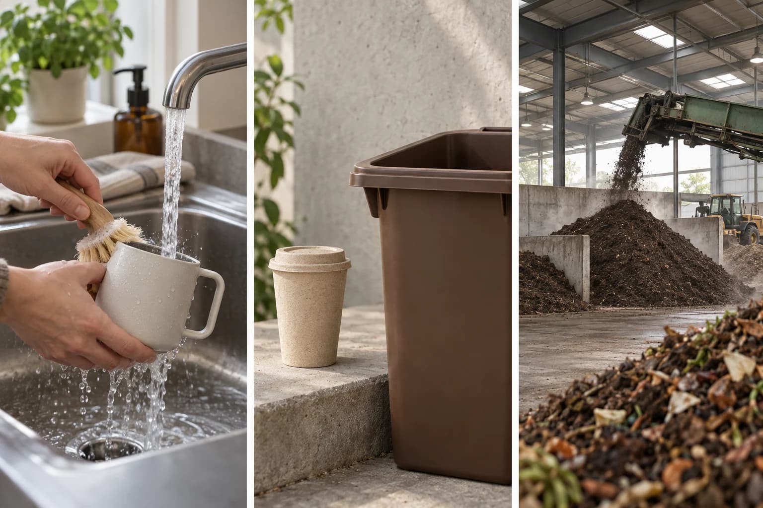 Washing a reusable mug, a cup beside a collection bin and industrial composting
