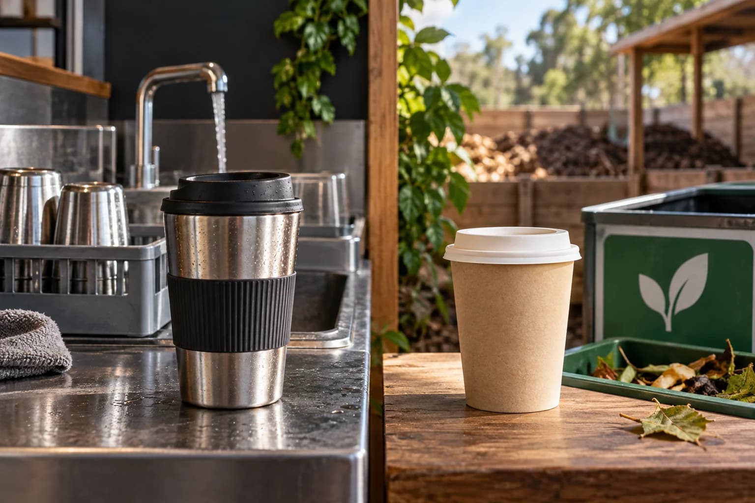 AI conceptual illustration of a steel cup beside a washing station and return tray, and a fibre cup beside separate collection and a compost facility.