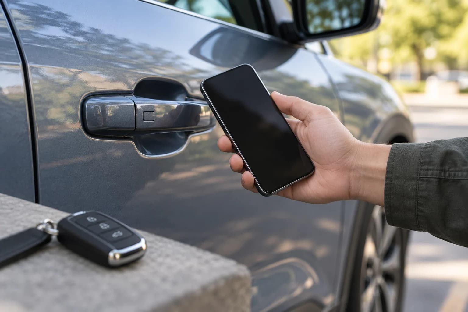 Plain smartphone held beside a generic car handle with a physical key behind