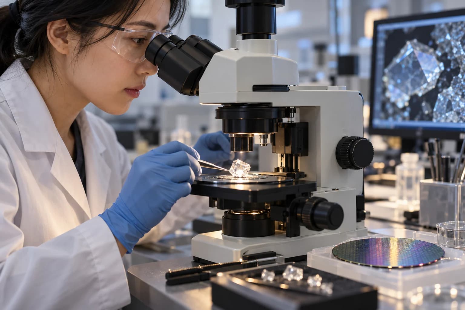 AI-generated conceptual researcher examining an oxide crystal and wafer under an optical microscope.