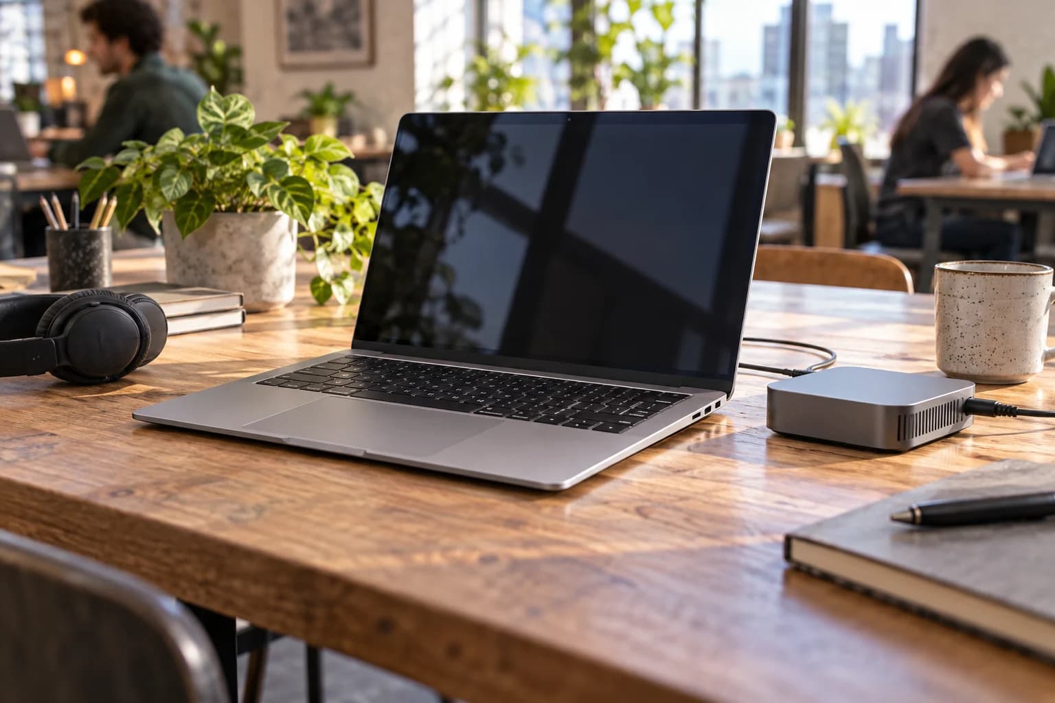 Portable sans marque, module de calcul compact et câble sur une table partagée
