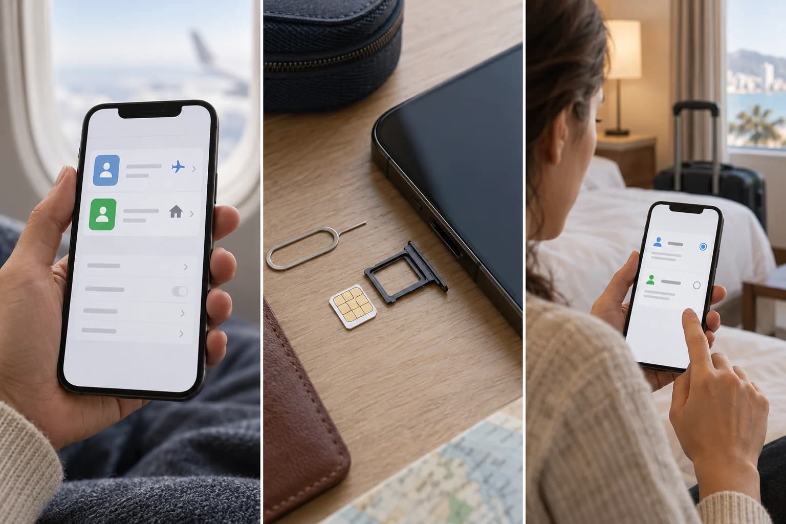 Two SIM profiles in settings, a physical SIM and a travel phone check