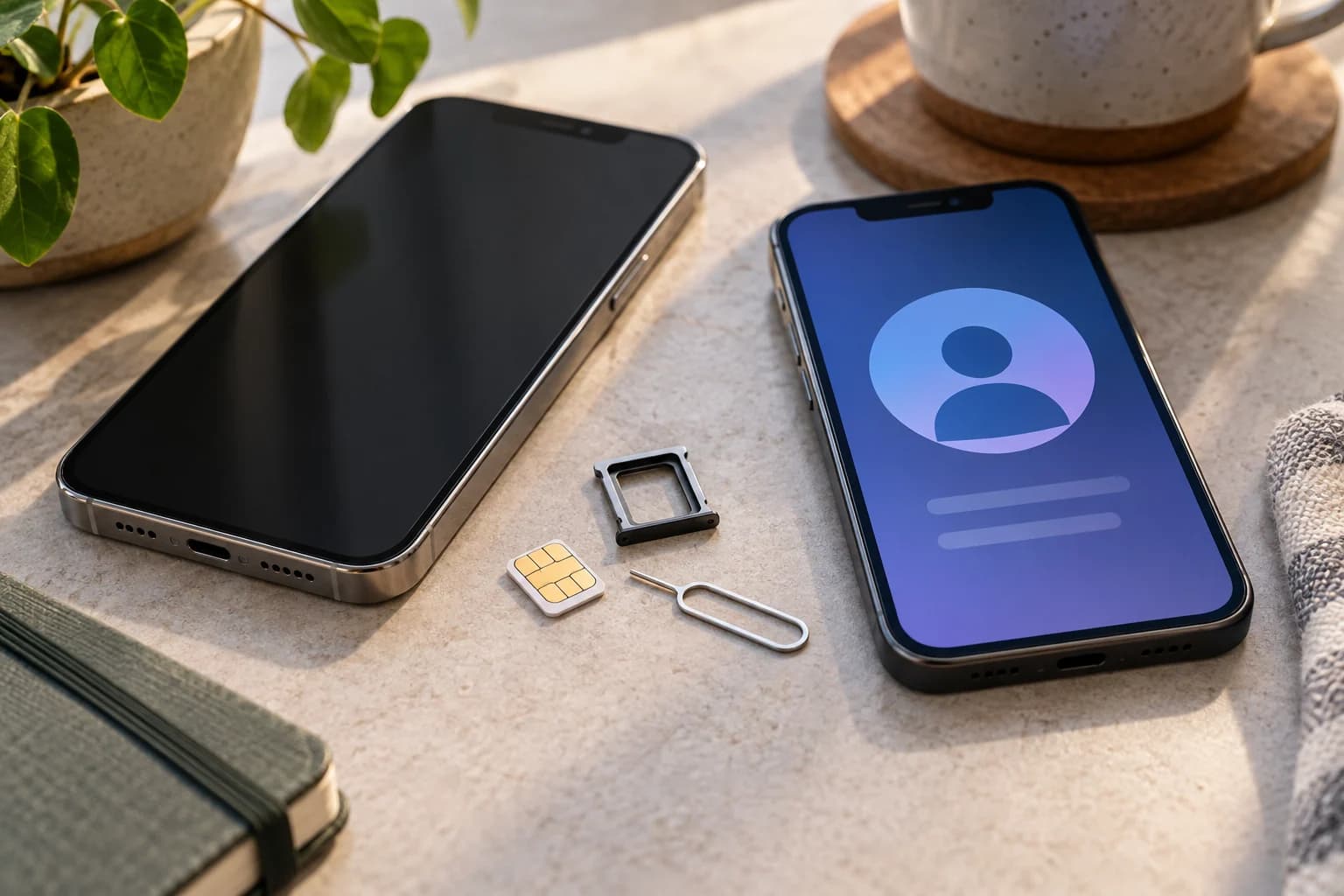 AI conceptual illustration of generic phones, a removable SIM tray, physical SIM and ejector tool beside an invented digital-profile symbol.