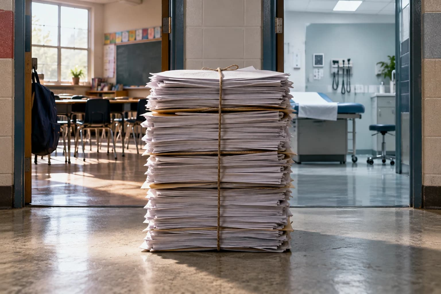 AI conceptual illustration of a school corridor and clinic entrance behind a bundle of blank debt papers.