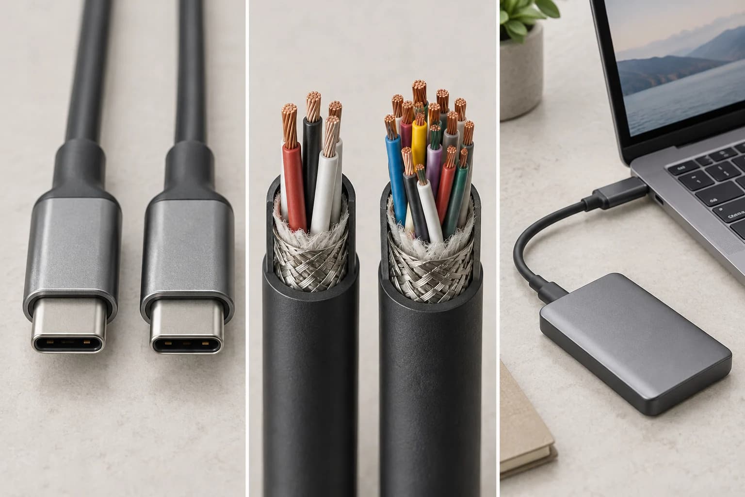 Conectores USB-C similares, secciones conceptuales de cables y una unidad conectada