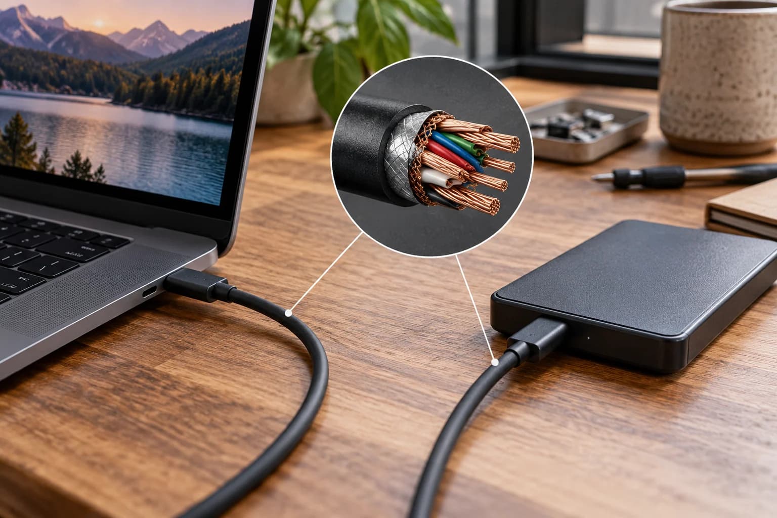 Ilustración generada con IA de cables USB-C parecidos sin marca, portátil y disco portátil, con detalle conceptual de filamentos de cobre.