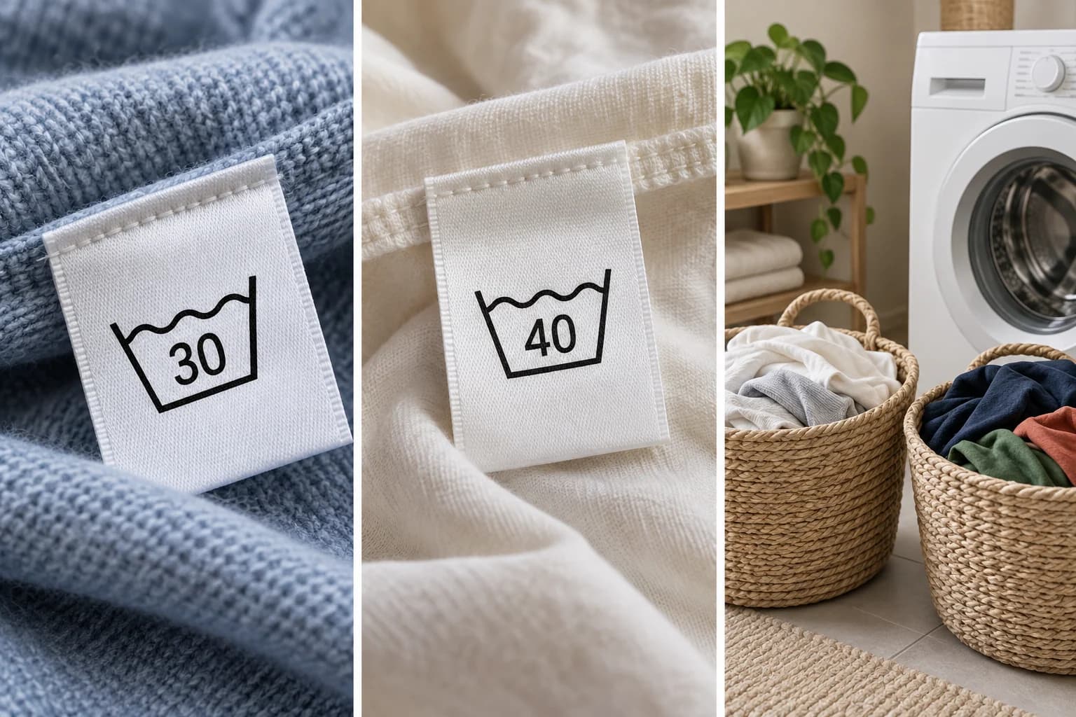 Illustrative 30- and 40-degree care labels and laundry sorting by material and colour