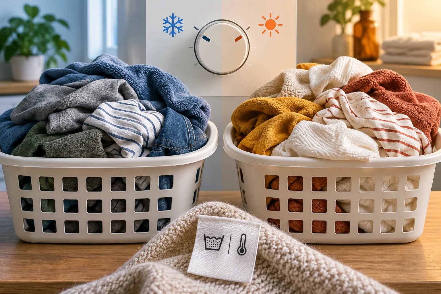 AI conceptual illustration of a washer control knob beside two identical laundry baskets and a garment care label.