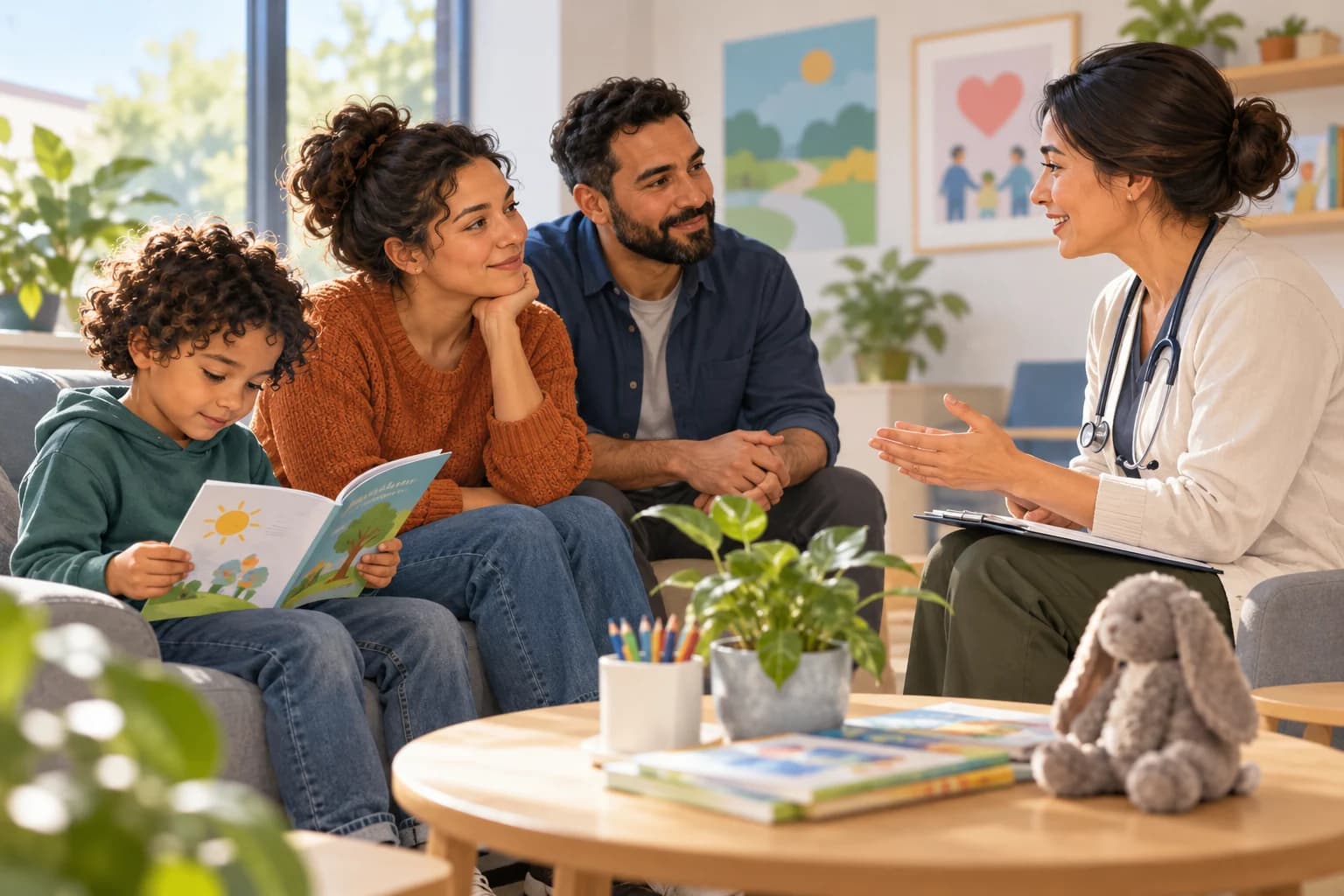 AI-generated conceptual family consultation with a clinician and a child looking at an activity booklet.