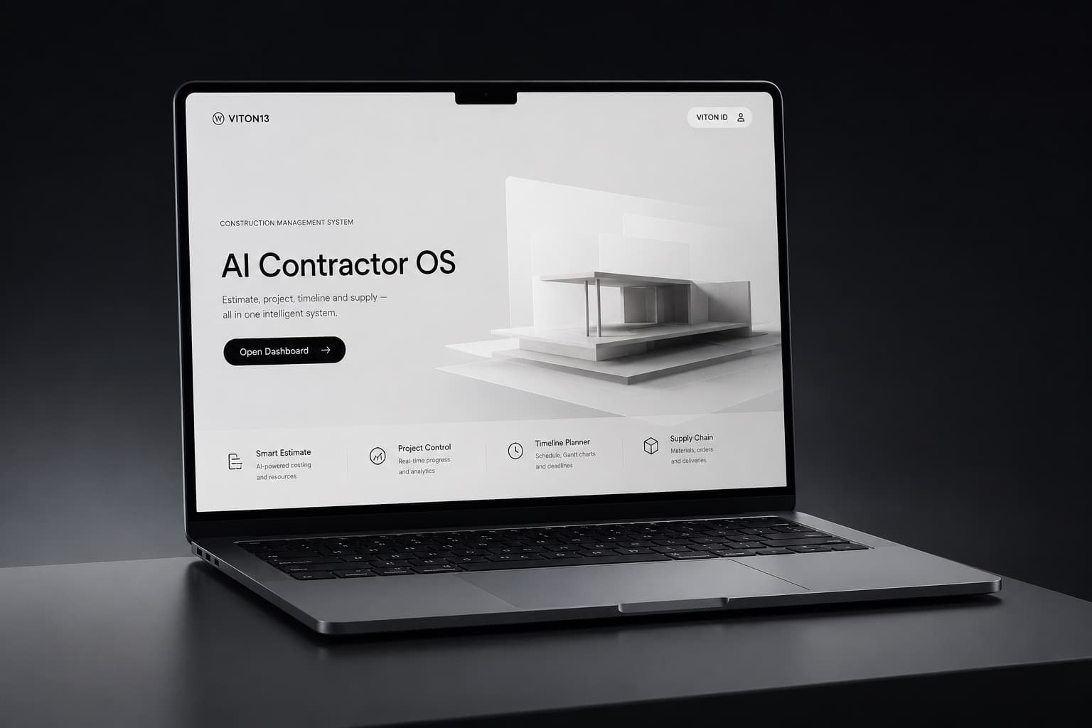Laptop displaying AI Contractor OS interface for estimates, site management, scheduling, and procurement in construction