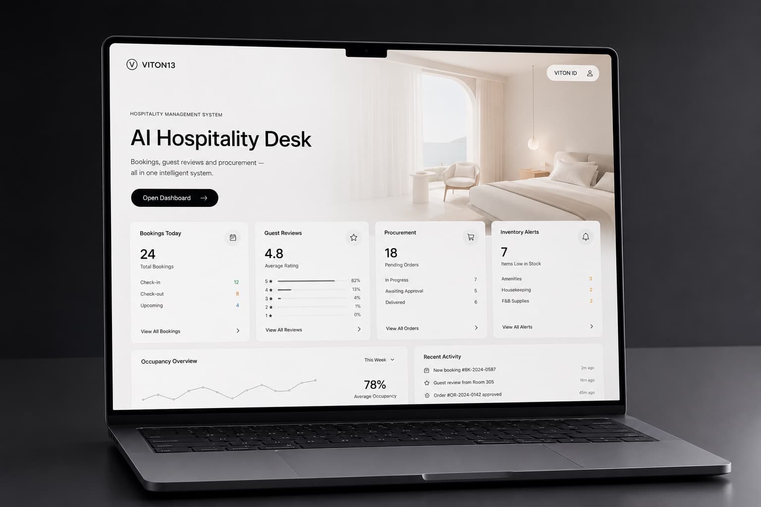 Laptop displaying AI Hospitality Desk interface: bookings, guest reviews, procurement and hotel occupancy