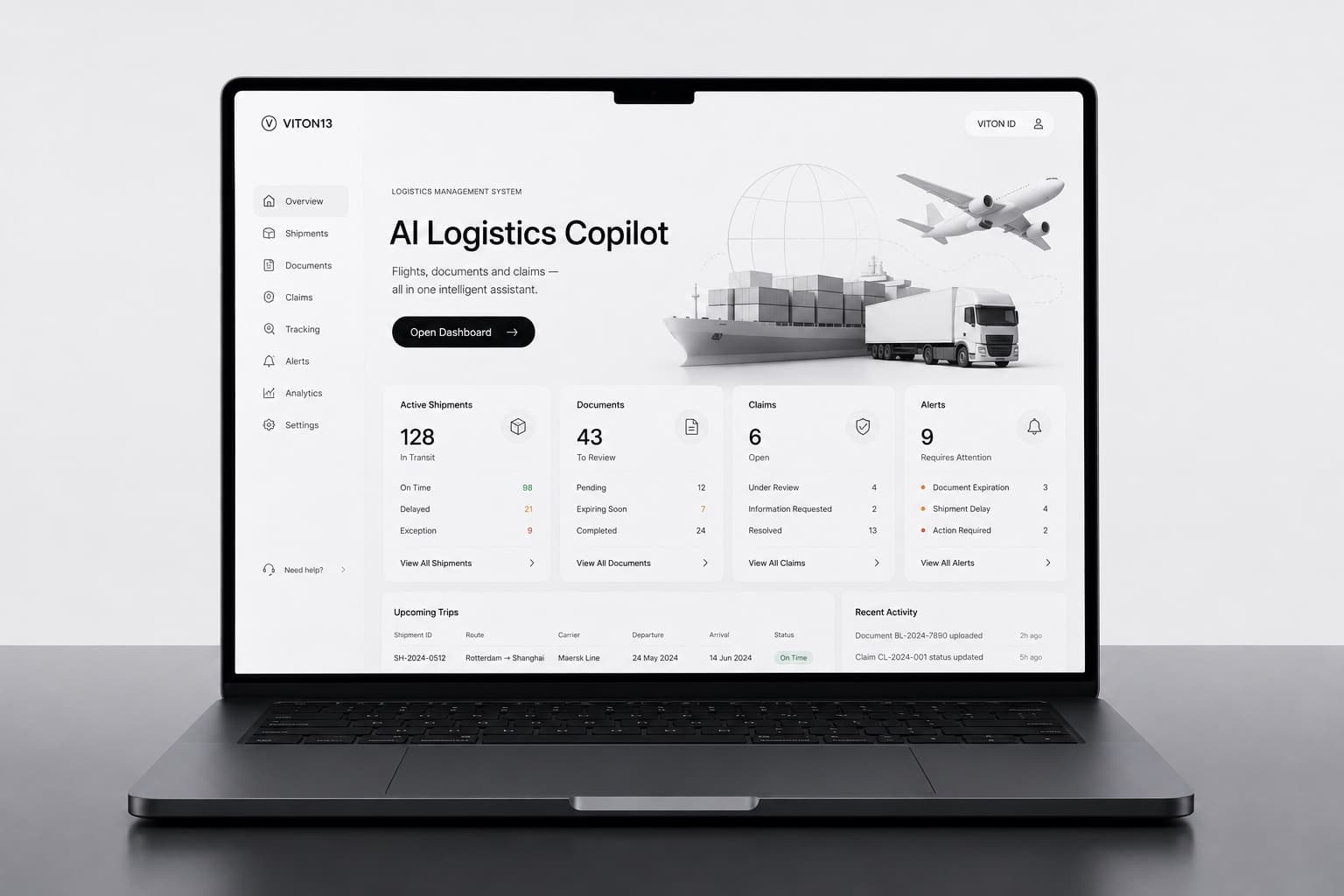 Laptop displaying AI Logistics Copilot interface for trips, shipments, documents, claims, and operational notifications