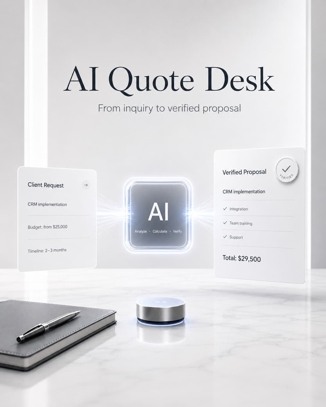 Bright product scene of AI Quote Desk: a client request passes through an AI workflow and becomes a verified commercial proposal