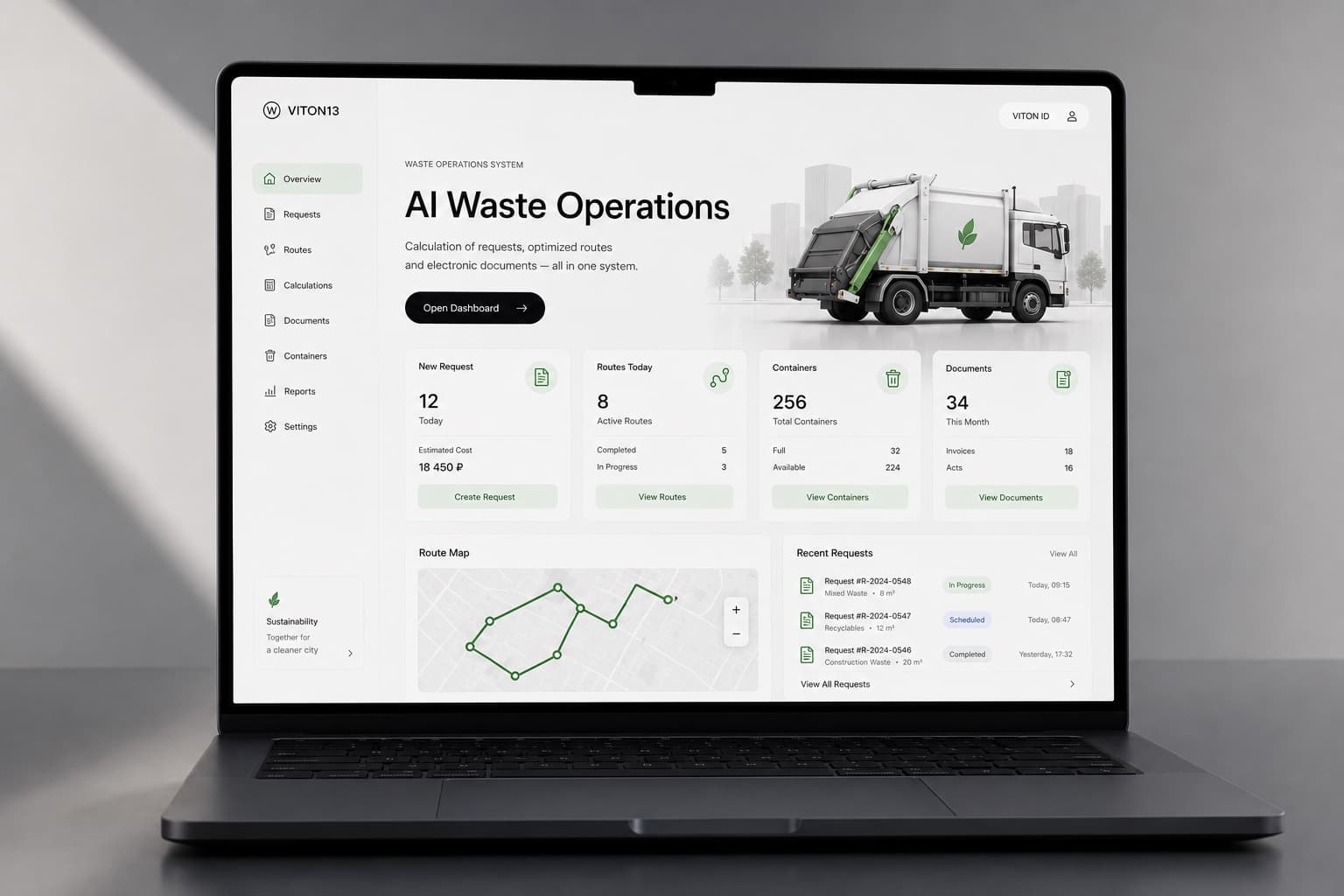 Laptop displaying AI Waste Operations interface: requests, routes, containers, documents, and waste pickup map
