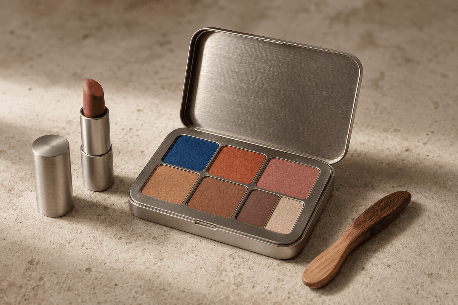 Unbranded metal makeup palette, aluminum lipstick and wooden applicator in warm natural light