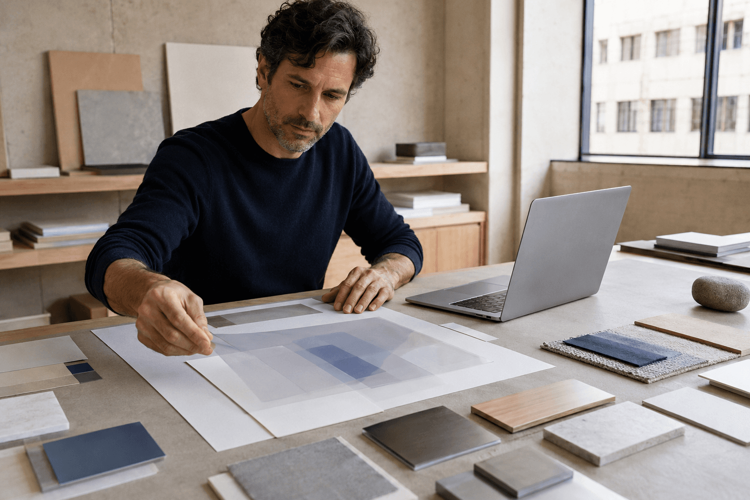 Creative director arranging translucent design layers beside a laptop in a quiet daylight studio