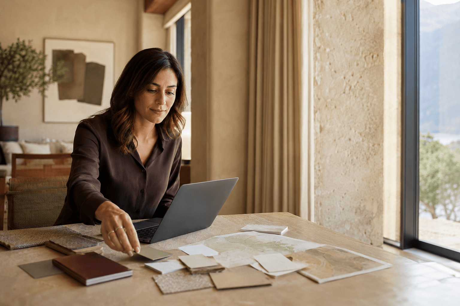 Travel advisor arranging tactile itinerary materials beside a laptop in a sunlit hotel lounge