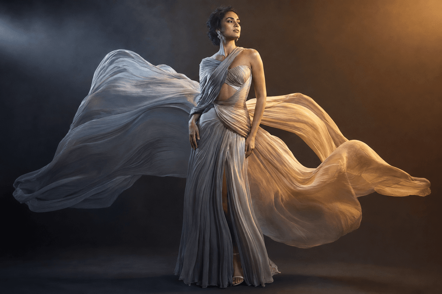An adult model in sculptural silver drapery between cool lunar light and warm golden light