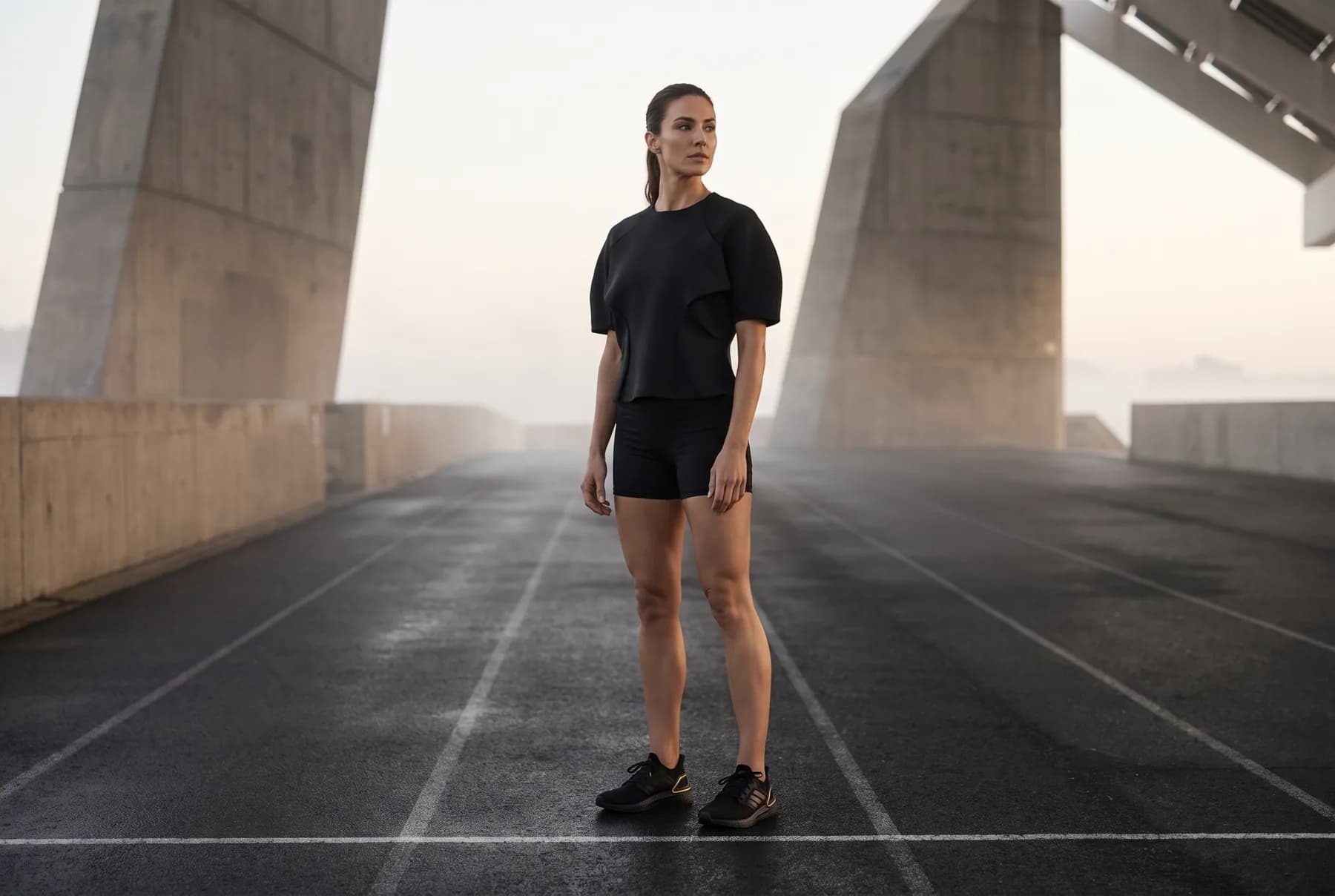 Anonymous runner in sculptural black performance clothing on an architectural track at dawn