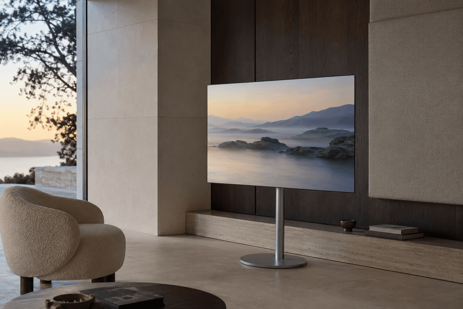 A frameless television on a slim floor stand in a calm stone and dark wood interior at sunset