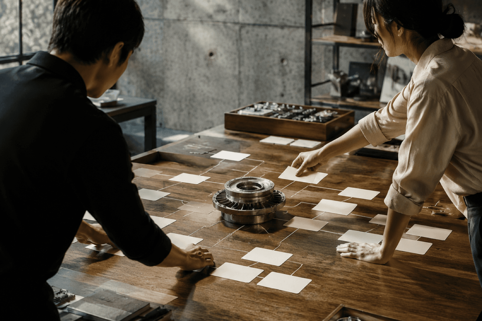Engineers reviewing a physical workflow map in a calm industrial operations room