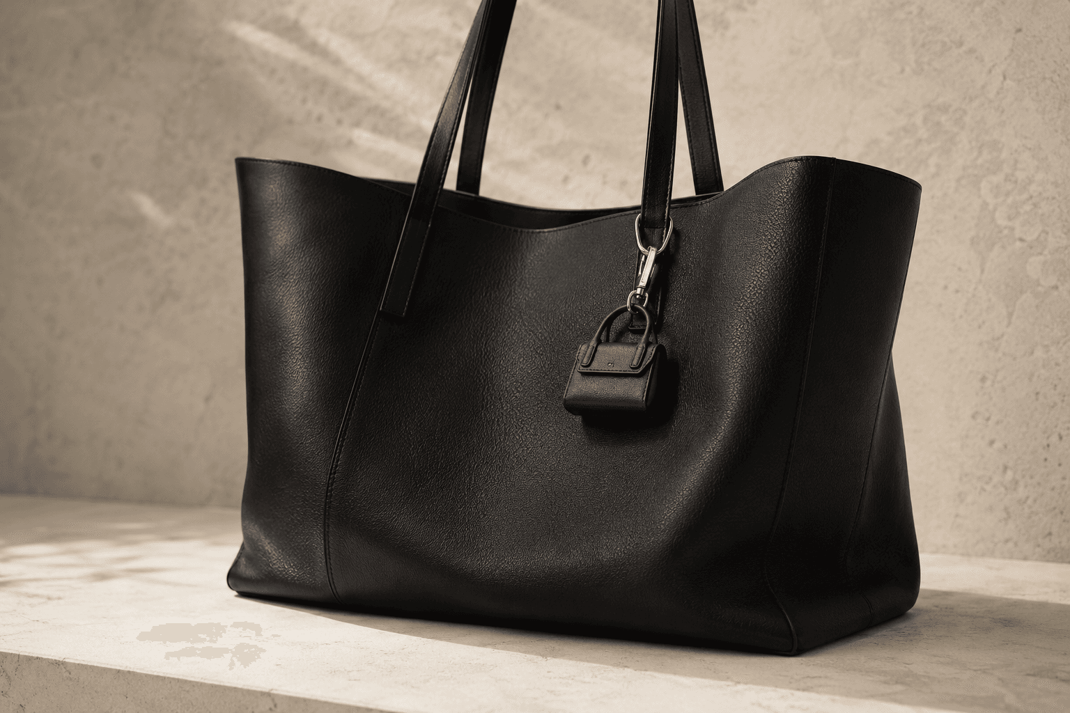 A tiny burgundy bag charm attached to an oversized black leather tote in warm studio light