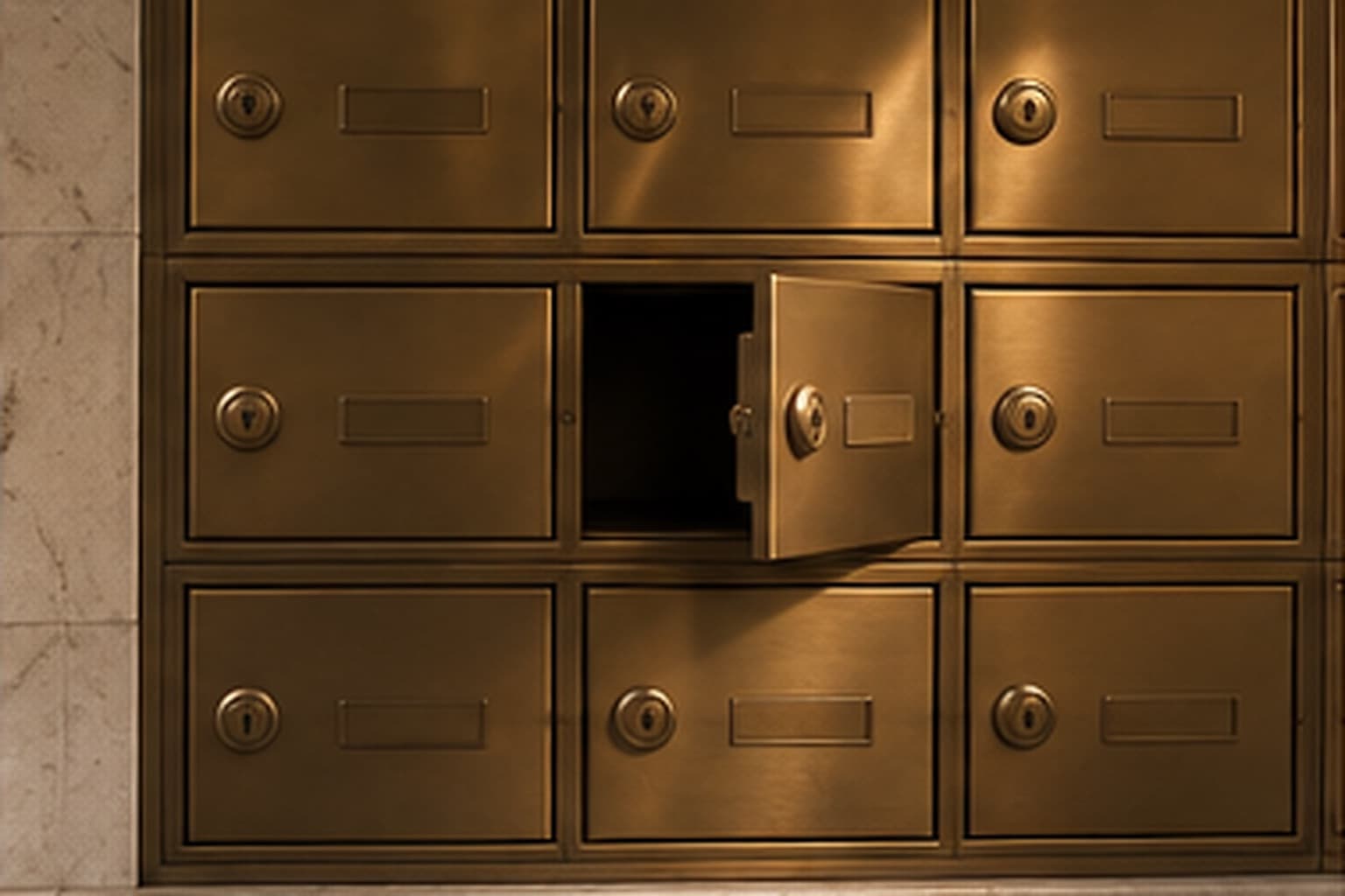 A wall of brass safe deposit boxes with one door standing open