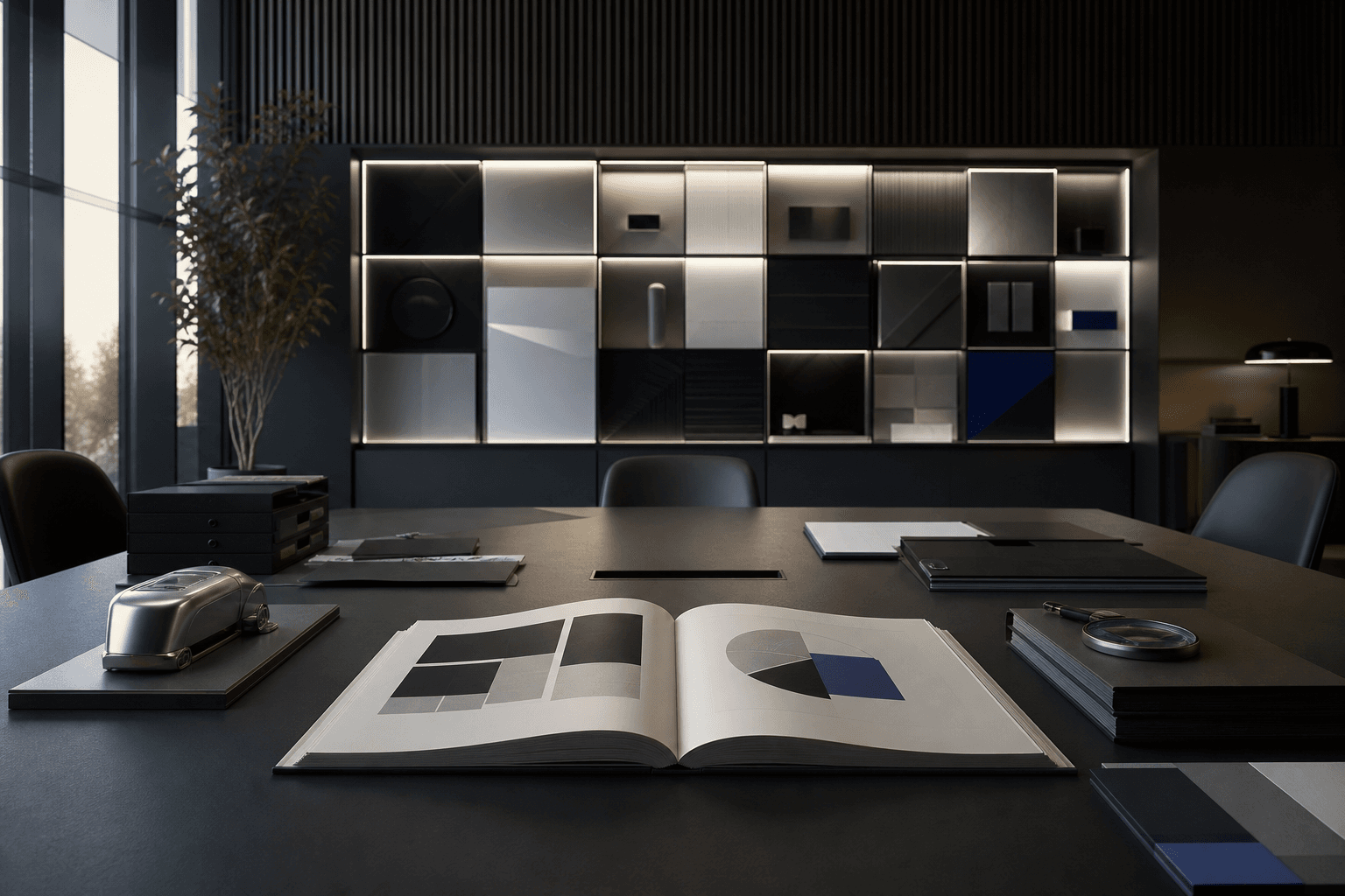 A meeting table with an open portfolio book and material samples on the wall