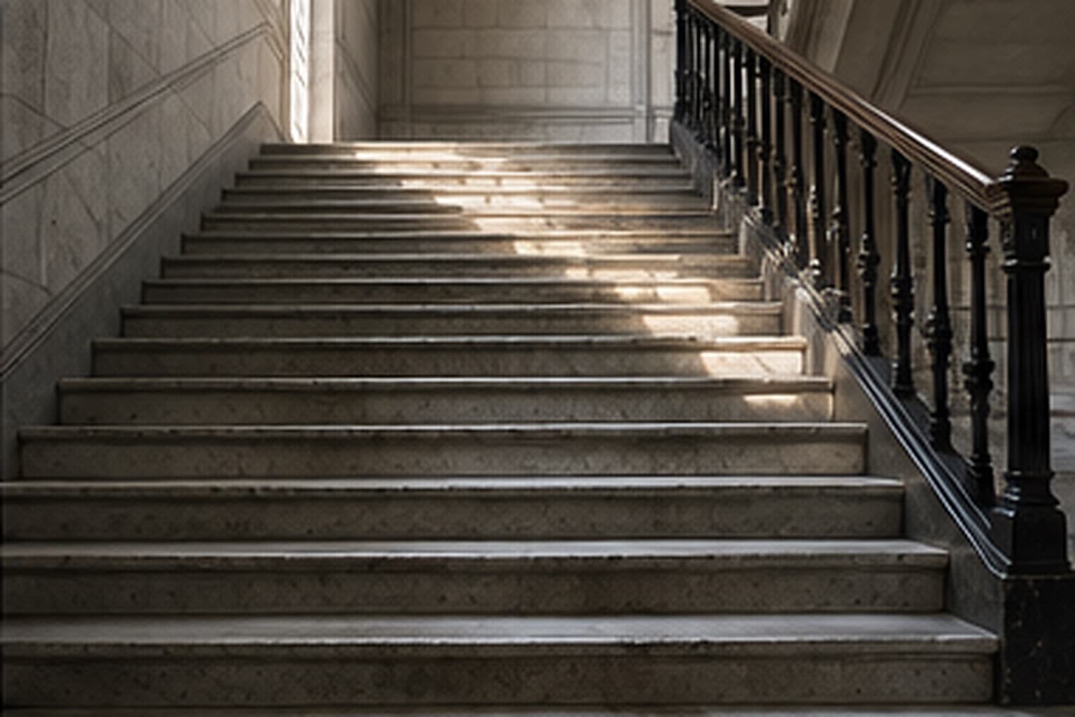 A marble staircase with cast-iron balustrade lit from a window