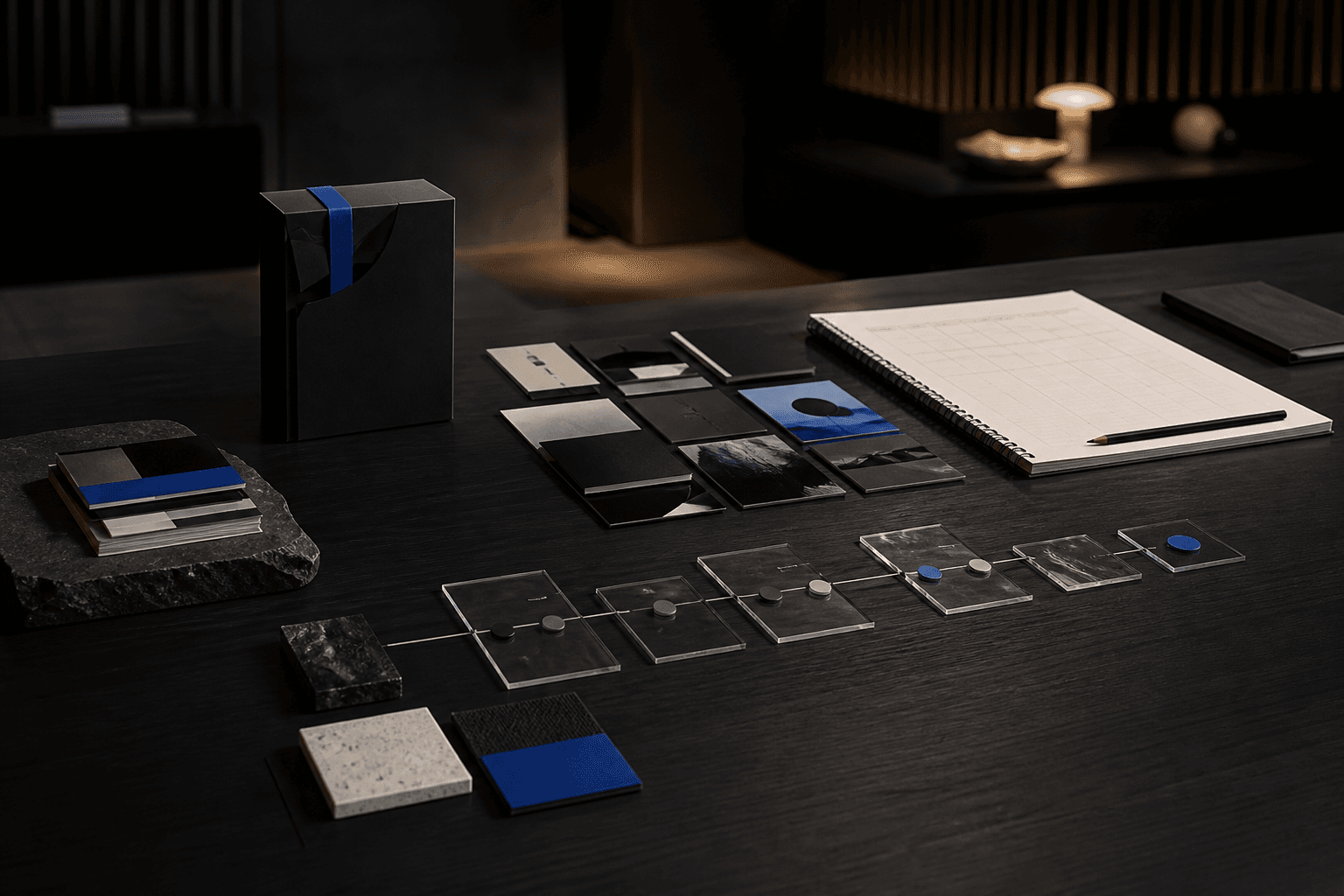 A dark wooden table in low light holding a navy presentation box with a blue band, a grid of small printed cards, a row of clear acrylic plates linked in a line by grey and blue discs, a stone slab with stacked booklets, and an open spiral notebook ruled into an empty grid with a pencil across it