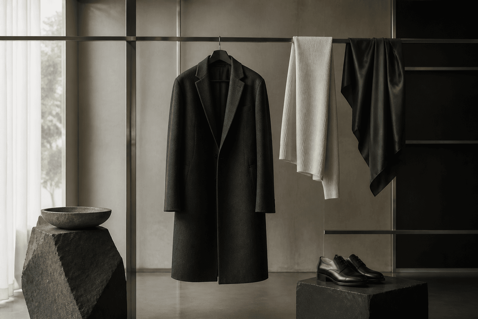 Open showroom rail holding a long charcoal wool coat, a cream ribbed knit and a dark green draped cloth, with black derby shoes on a stone plinth beside a curtained window