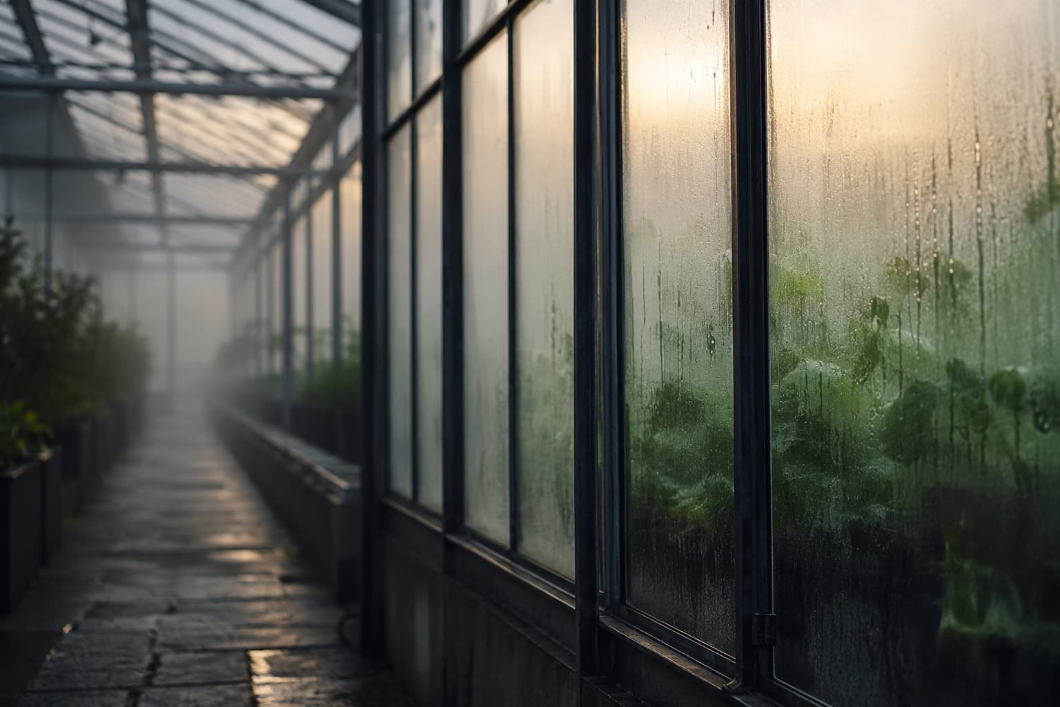 A glasshouse at dawn: misted panes and rows of plants along a wet path