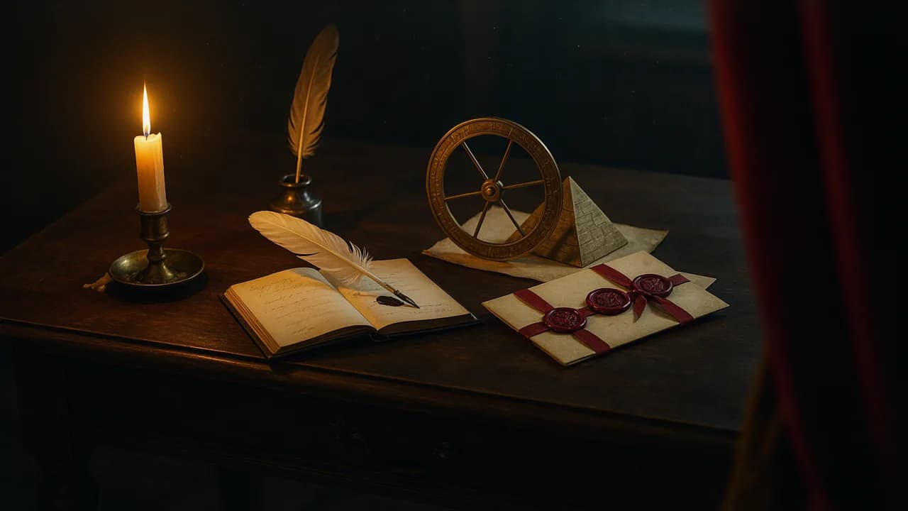 Un escritorio de noche con una vela, una pluma, un cuaderno abierto, cartas selladas con lacre rojo, una rueda de latón y una pequeña pirámide