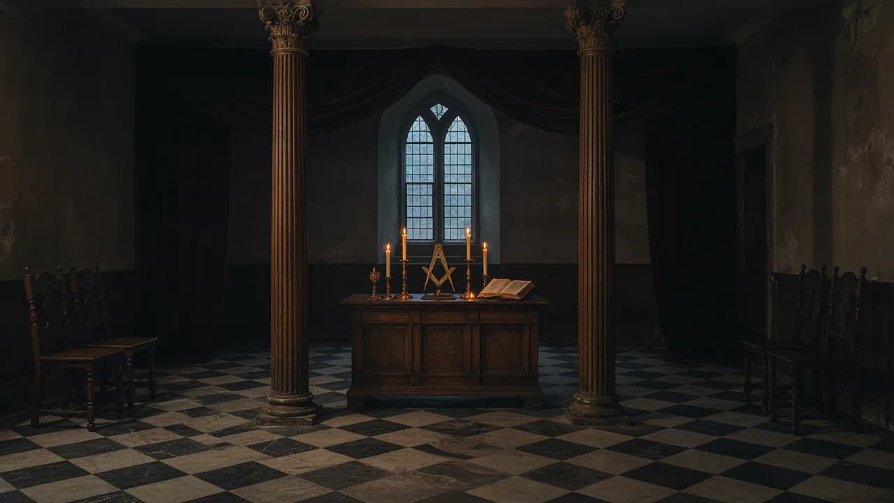 Una sala de logia vacía a la luz de las velas, con suelo ajedrezado blanco y negro, dos columnas y un altar con escuadra y compás