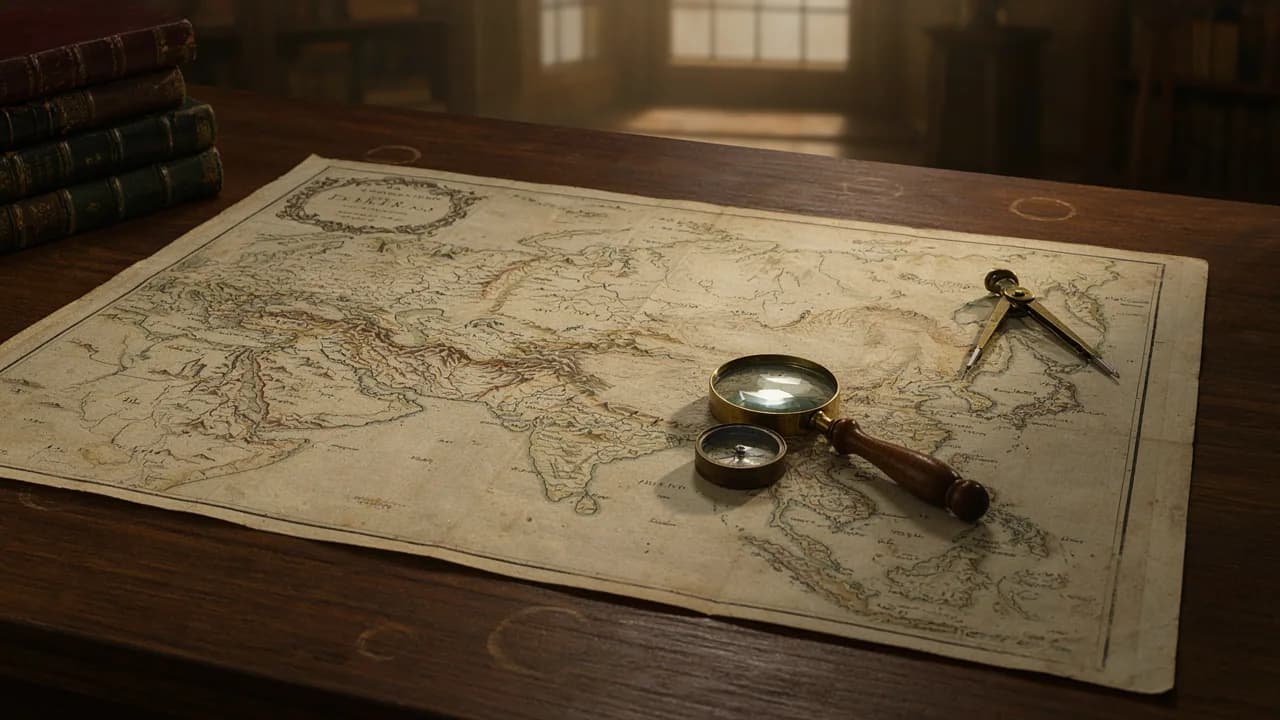 Un antiguo mapa de Asia coloreado a mano sobre una mesa de biblioteca, con una lupa, una brújula y un compás de latón