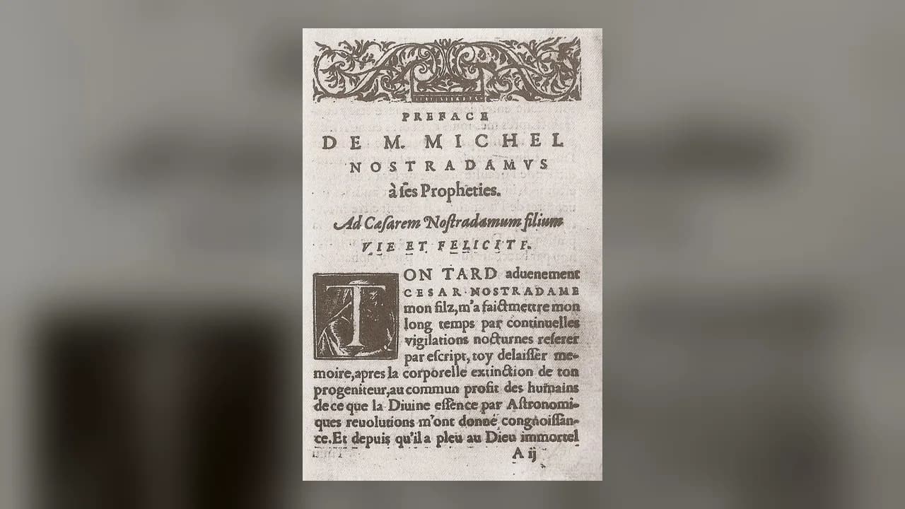 Una página impresa del prefacio de Nostradamus a sus Profecías, 1555, con una cabecera ornamental y una inicial decorada