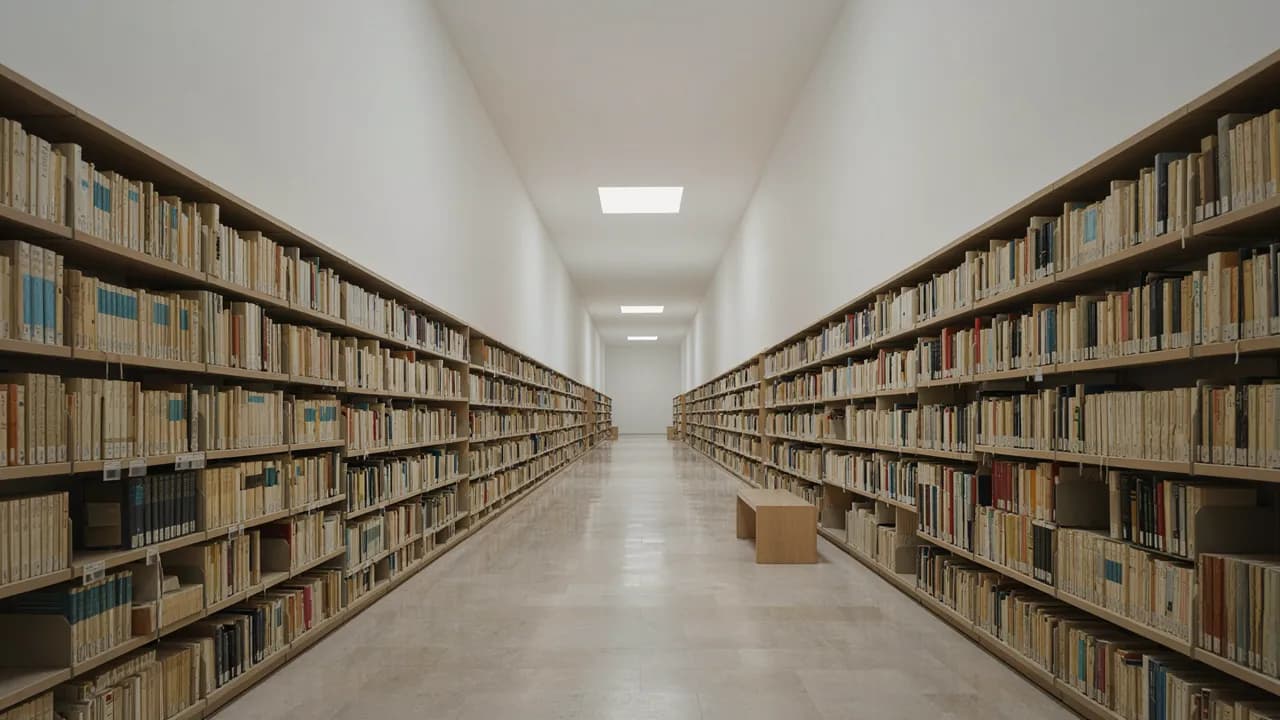 Une longue salle de bibliothèque lumineuse : des rayonnages en chêne clair des deux côtés, garnis de livres crème, gris et bleu ciel, un sol en pierre et une verrière