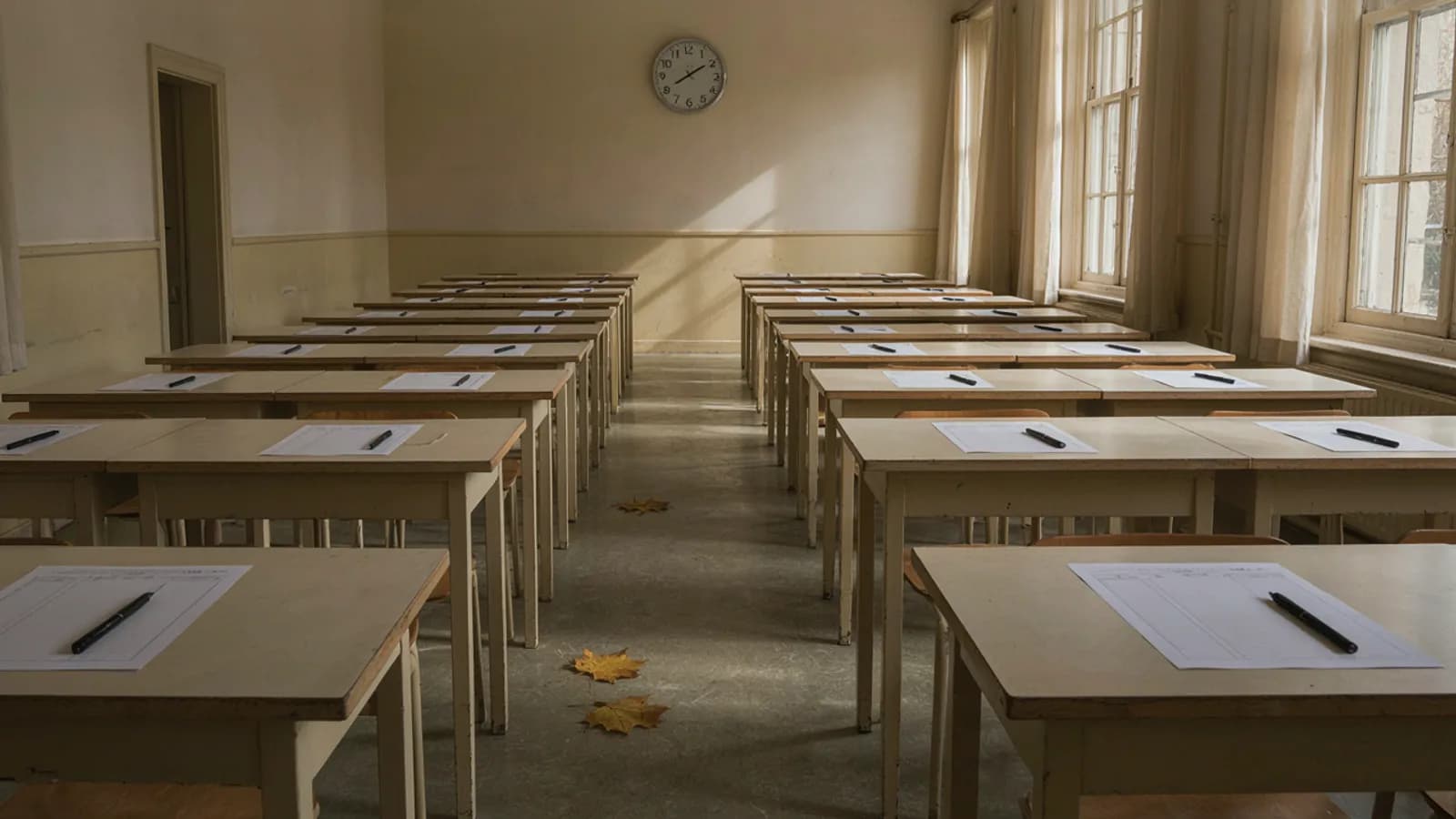 An empty exam hall in autumn light: rows of single desks, each with a blank answer sheet and a black pen; AI-generated illustration